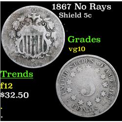 1867 No Rays Shield Nickel 5c Grades vg+