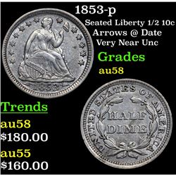 1853-p Seated Liberty Half Dime 1/2 10c Grades Choice AU/BU Slider