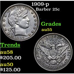 1909-p Barber Quarter 25c Grades Choice AU