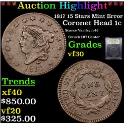 ***Auction Highlight*** 1817 15 Stars Mint Error Coronet Head Large Cent 1c Graded vf++ By USCG (fc)