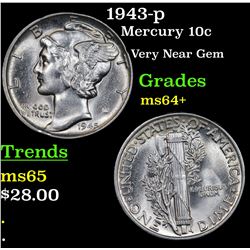 1943-p Mercury Dime 10c Grades Choice+ Unc