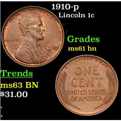 1910-p Lincoln Cent 1c Grades Unc+ BN