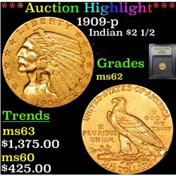***Auction Highlight*** 1909-p Gold Indian Quarter Eagle $2 1/2 Graded Select Unc By USCG (fc)