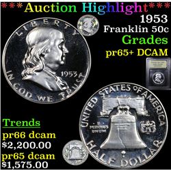 ***Auction Highlight*** 1953 Franklin Half Dollar 50c Graded GEM+ Proof Deep Cameo By USCG (fc)