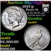 Image 1 : ***Auction Highlight*** 1921-p Peace Dollar $1 Graded Choice+ Unc By USCG (fc)