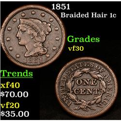 1851 Braided Hair Large Cent 1c Grades vf++