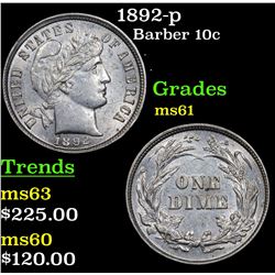 1892-p Barber Dime 10c Grades BU+