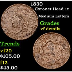 1830 Coronet Head Large Cent 1c Grades vf details