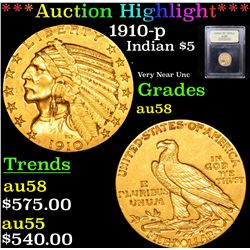 ***Auction Highlight*** 1910-p Gold Indian Half Eagle $5 Graded Choice AU/BU Slider By USCG (fc)