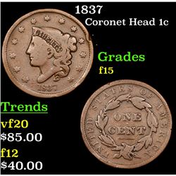 1837 Coronet Head Large Cent 1c Grades f+