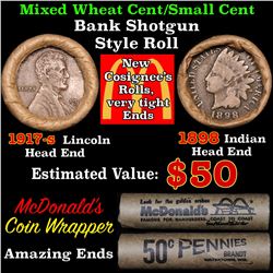 Mixed small cents 1c orig shotgun roll, 1917-s Wheat Cent, 1898 Indian Cent other end