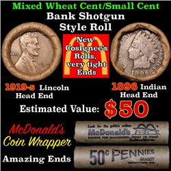 Mixed small cents 1c orig shotgun roll, 1919-s Wheat Cent, 1896 Indian Cent other end