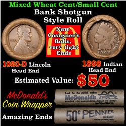 Mixed small cents 1c orig shotgun roll, 1920-d Wheat Cent, 1898 Indian Cent other end