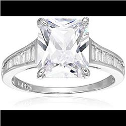 Sterling Silver Rhodium Emerald Cut Engagement Ring Size 9
