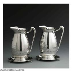 Two American Silver Water Pitchers & Underplates Two American Silver Water Pitchers With Underplates