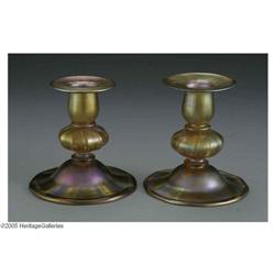 A Pair of Tiffany Glass Candlesticks A Pair of American Glass Candlesticks