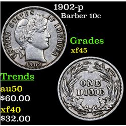 1902-p Barber Dime 10c Grades xf+