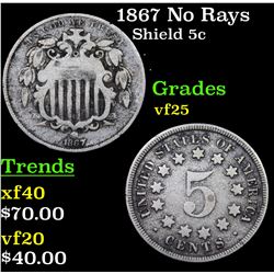 1867 No Rays Shield Nickel 5c Grades vf+