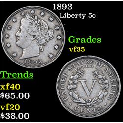 1893 Liberty Nickel 5c Grades vf++
