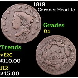 1819 Coronet Head Large Cent 1c Grades f+
