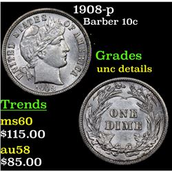 1908-p Barber Dime 10c Grades Unc Details
