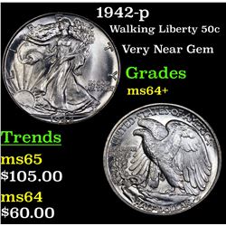 1942-p Walking Liberty Half Dollar 50c Grades Choice+ Unc