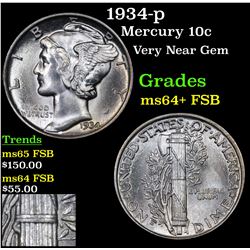 1934-p Mercury Dime 10c Grades Choice Unc+ FSB