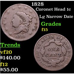 1828 Coronet Head Large Cent 1c Grades f+