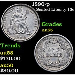 1890-p Seated Liberty Dime 10c Grades Choice AU