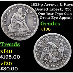1853-p Arrows & Rays Seated Liberty Quarter 25c Grades vf++