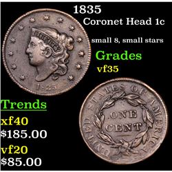 1835 Coronet Head Large Cent 1c Grades vf++
