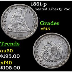 1861-p Seated Liberty Quarter 25c Grades xf+