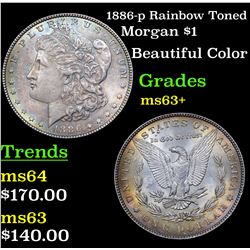 1886-p Rainbow Toned Morgan Dollar $1 Grades Select+ Unc