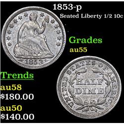 1853-p Seated Liberty Half Dime 1/2 10c Grades Choice AU