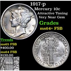 1917-p Mercury Dime 10c Grades Choice Unc+ FSB