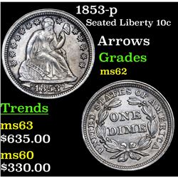 1853-p Seated Liberty Dime 10c Grades Select Unc