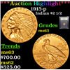 Image 1 : ***Auction Highlight*** 1915-p Gold Indian Quarter Eagle $2 1/2 Graded Select Unc By USCG (fc)