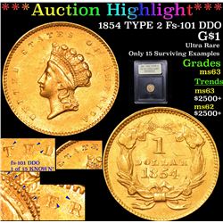 ***Auction Highlight*** 1854 TYPE 2 Fs-101 DDO Gold Dollar $1 Graded Select Unc By USCG (fc)