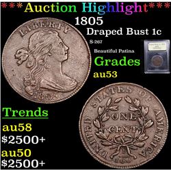 ***Auction Highlight*** 1805 Draped Bust Large Cent 1c Graded Select AU By USCG (fc)