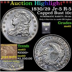 ***Auction Highlight*** 1830/29 Jr-5 R-5 Capped Bust Dime 10c Graded BU+ By USCG (fc)