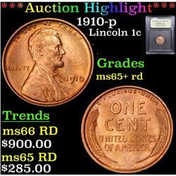 ***Auction Highlight*** 1910-p Lincoln Cent 1c Graded Gem+ Unc RD By USCG (fc)