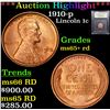 Image 1 : ***Auction Highlight*** 1910-p Lincoln Cent 1c Graded Gem+ Unc RD By USCG (fc)