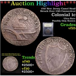 *Auction Highlight* 1787 New Jersey Camel Head Struck Over 1785 Connecticut 1c Graded vf+ By USCG fc