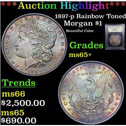 ***Auction Highlight*** 1897-p Rainbow Toned Morgan Dollar $1 Graded GEM+ Unc By USCG (fc)