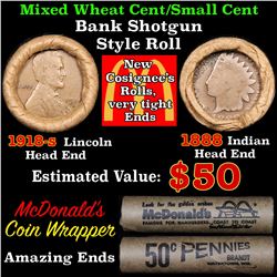 Mixed small cents 1c orig shotgun roll, 1918-s Wheat Cent, 1888 Indian Cent other end