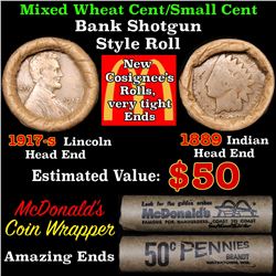 Mixed small cents 1c orig shotgun roll, 1917-s Wheat Cent, 1889 Indian Cent other end