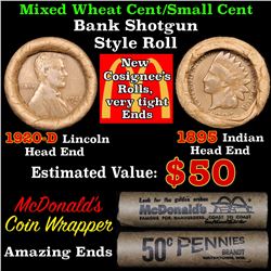 Mixed small cents 1c orig shotgun roll, 1920-d Wheat Cent, 1895 Indian Cent other end