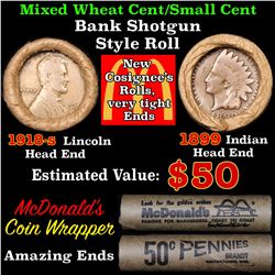 Mixed small cents 1c orig shotgun roll, 1918-s Wheat Cent, 1899 Indian Cent other end