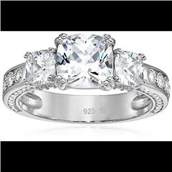 Sterling Silver 8mm Cushion Cut 3 Stone Pave Engagement Ring  Size 8