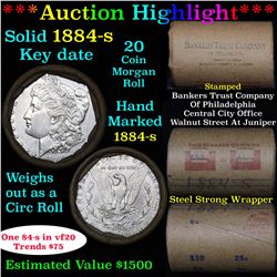 ***Auction Highlight*** Full solid Key date 1884-s Morgan silver dollar roll, 20 coins (fc)